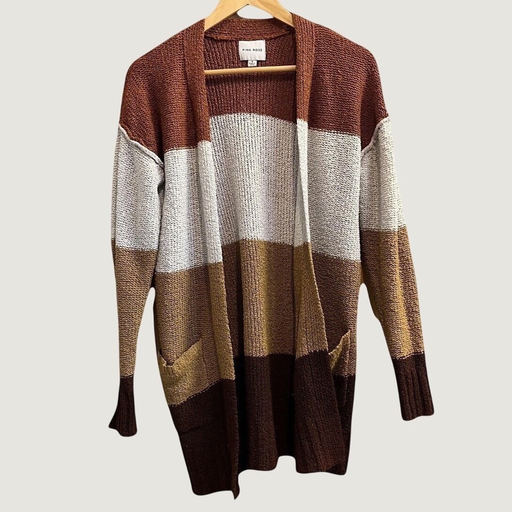 Pink Rose Cardigan Womens Small Brown Colorblock Open Front Popcorn Knit Pockets